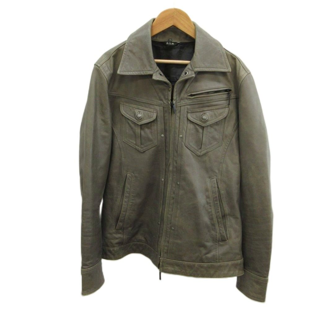 アトリエサブメン ATELIER SAB MEN レザージャケット 上着 50 カーキ ジップアップ 長袖 ポケット複数 /NP ■GY44