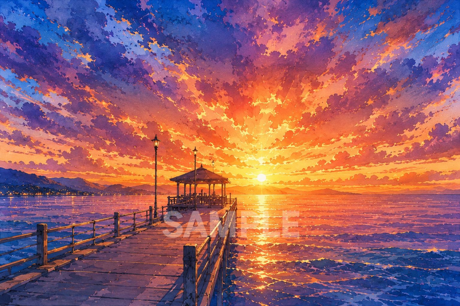 画材 cocoro 690 夕焼けの海 桟橋 水彩風アート 2Lサイズ 風景ポスター 癒し