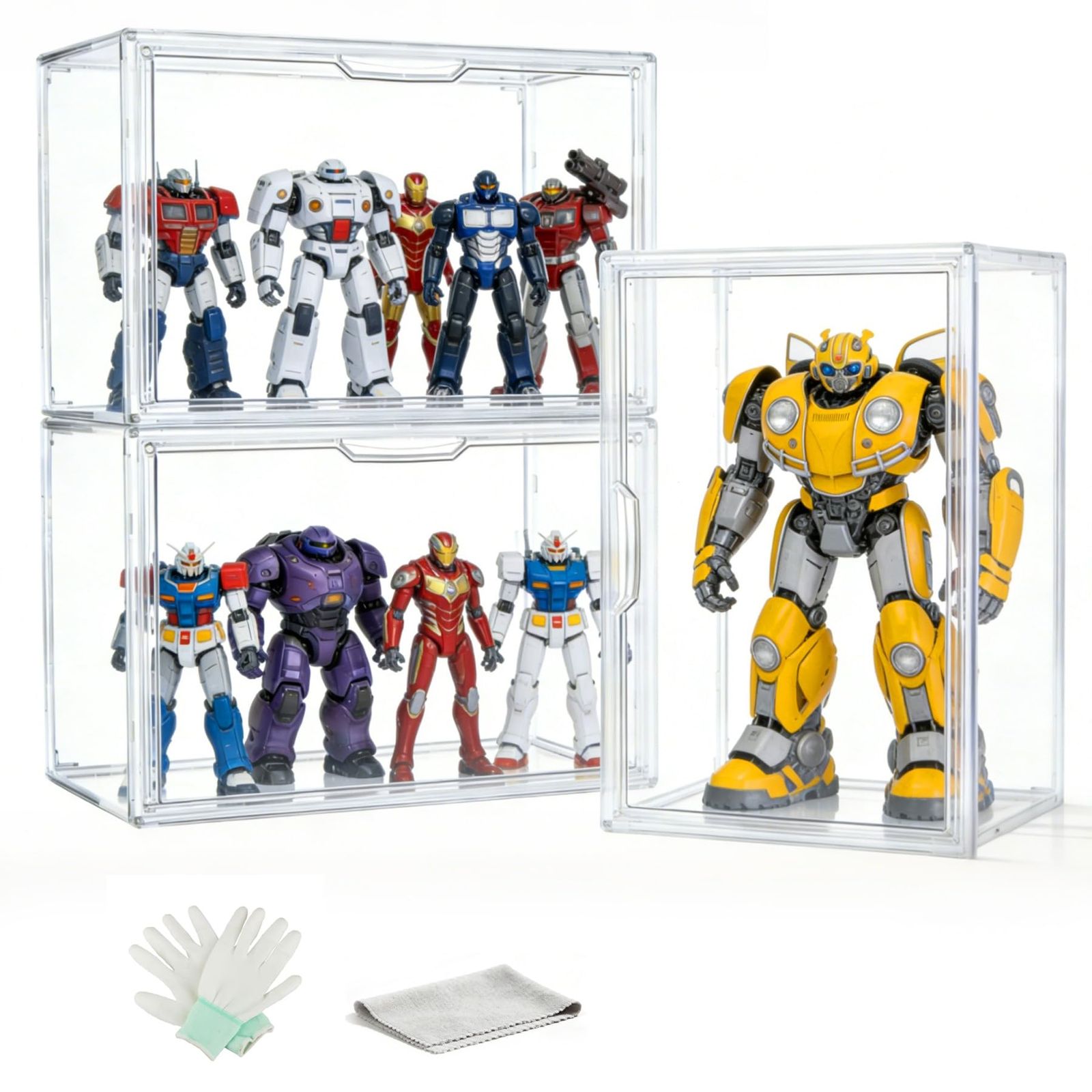 コレクションケース フィギュアケース アクリル 透明 棚 マグネット式扉 3個セット 大型36×22×27cm 卓上 収納ボックス 組立簡単 積み重ね式 防塵 汚れ防止 清掃布付き 手袋が付きAR 0c0cc9ec