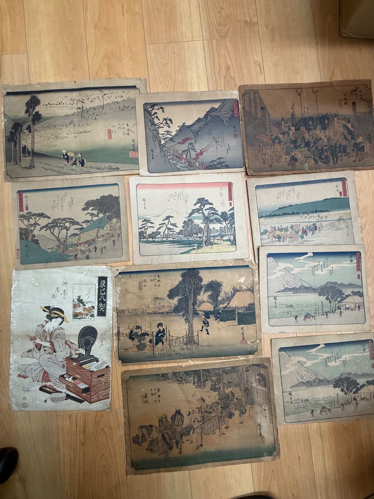 浮世絵 木版画 まとめ売り 広重 美人画 日本橋 東海道五拾三次 他 10枚 古美術