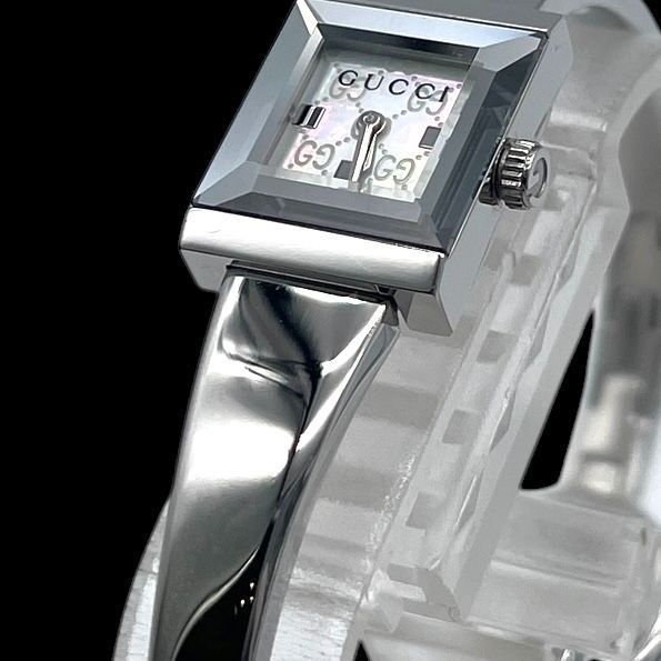 新品電池 稼働品 GUCCI グッチ 128.5 Gフレーム レディース腕時計 クォーツ QZ SS 2針 GG柄 シェル文字盤 シルバー ヴィンテージ