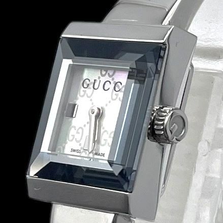 新品電池 稼働品 GUCCI グッチ 128.5 Gフレーム レディース腕時計 クォーツ QZ SS 2針 GG柄 シェル文字盤 シルバー ヴィンテージ