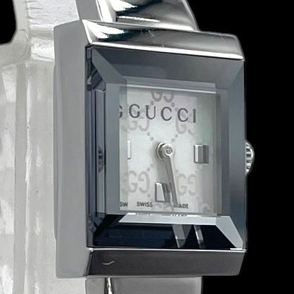 新品電池 稼働品 GUCCI グッチ 128.5 Gフレーム レディース腕時計 クォーツ QZ SS 2針 GG柄 シェル文字盤 シルバー ヴィンテージ