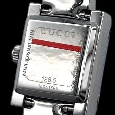 新品電池 稼働品 GUCCI グッチ 128.5 Gフレーム レディース腕時計 クォーツ QZ SS 2針 GG柄 シェル文字盤 シルバー ヴィンテージ