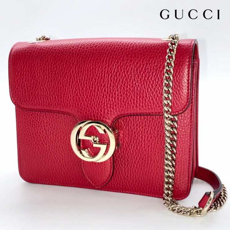 GUCCI グッチ インターロッキングG レザー チェーン ハンド ショルダーバッグ 2WAY レッド ゴールド金具 ★袋付★ ★美品★
