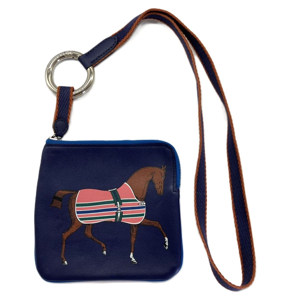 エルメス カレ ポケット レザー ポーチ 馬 ネイビー×ピンク ストラップ付き Hermes 中古