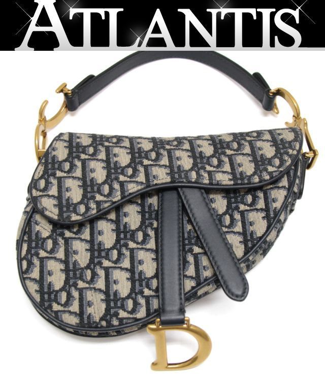 美品 クリスチャンディオール Christian Dior ミニサドルバッグ ハンドバッグ オブリーク キャンバス ネイビー G金具 【75644】