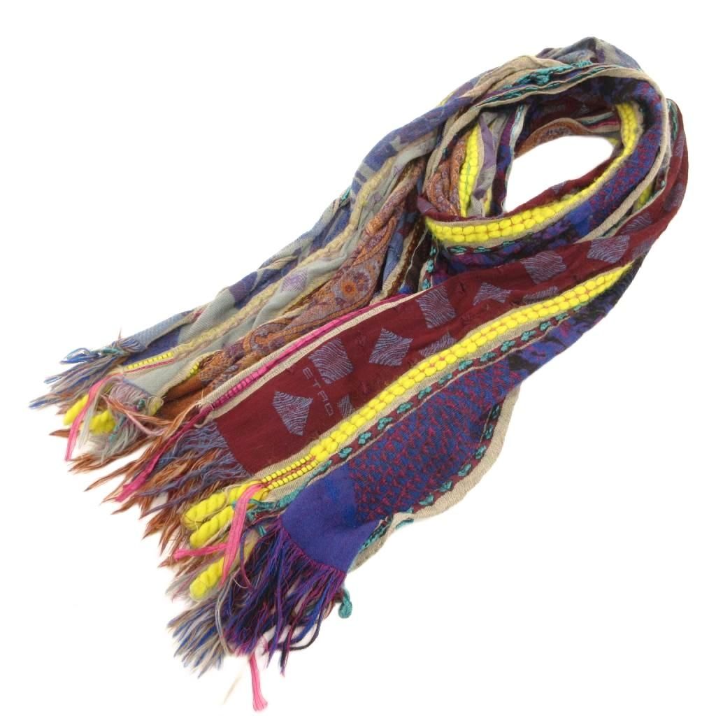 エトロ ETRO ストール マフラー 3Dニット フリンジ ウール シルク混 総柄 マルチカラー /JS ■GY19