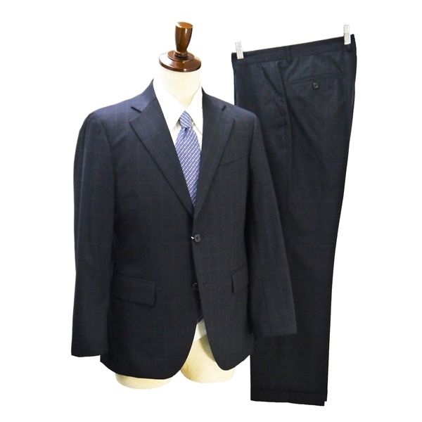 美品 Tailor Fukuoka 2つボタン シングルスーツ AB5 M ダークネイビー ウインドペン ノータック 春秋 合物 1149883 CK 6NG021 【送料無料】【中古】【メンズビジネス】202607