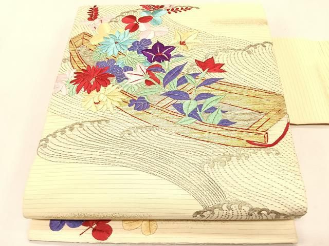 平和屋着物＊夏物　アンティーク　大正ロマン　九寸名古屋帯　総手刺繍　竹屋町刺繍　立波舟枝花文　金銀糸　正絹　逸品　CABJ4760fb