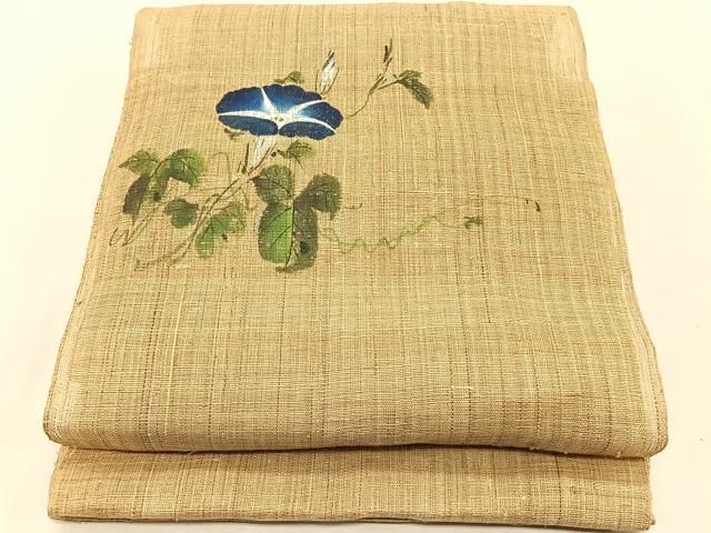 平和屋着物＊夏物　八寸名古屋帯　手描き　朝顔　帯反物　麻　逸品　CABJ4767fb