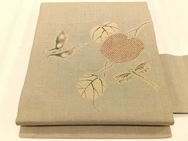 平和屋着物＊夏物　九寸名古屋帯　紬地　トンボ　舞蝶文　正絹　逸品　CABK1261fb