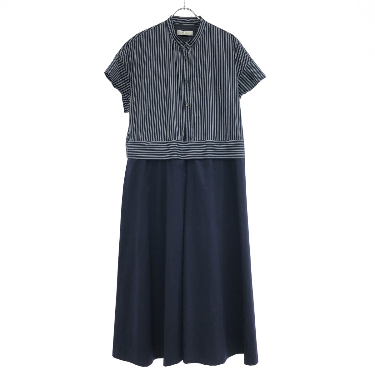 ADORE アドーア 24SS ストライプシャツドッキング クリアツイルワンピース 531-4140423 ネイビー 38