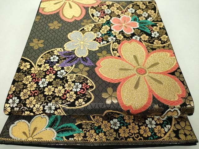平和屋着物▽六通柄袋帯 舞桜 黒地 金銀糸 正絹 逸品 DABH9579ps 