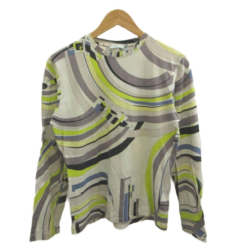 エミリオプッチ EMILIO PUCCI カットソー M グレージュ イエロー プッチ柄 ラウンドネック 長袖 Tシャツ 780622-72-04 /AY ■GY50