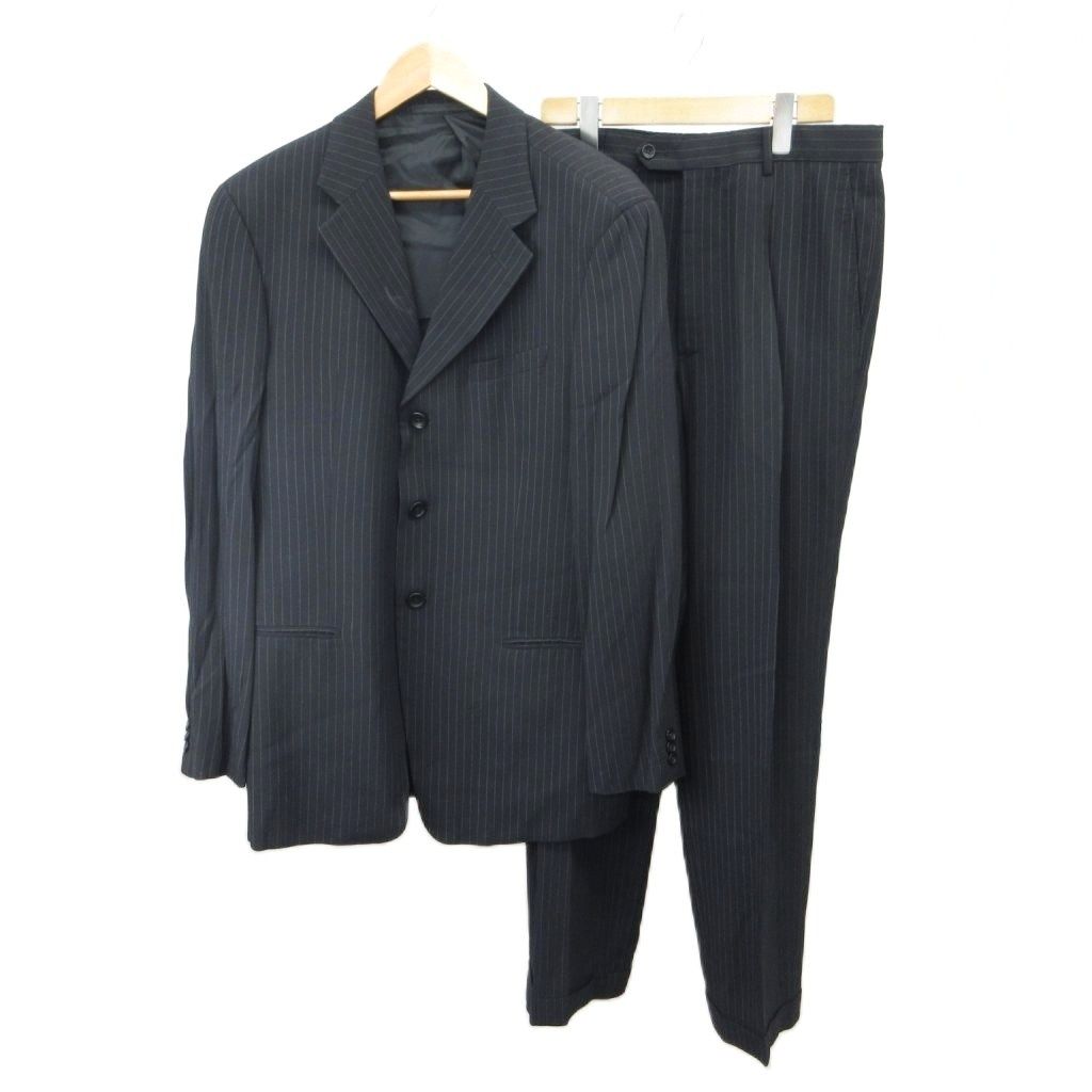 アルマーニ コレツィオーニ ARMANI COLLEZIONI テーラードジャケット スラックスパンツ スーツセットアップ フォーマル ウール 50 黒 ブラック ストライプ柄 長袖 シングルブレスト 上着 ボトムス /YU