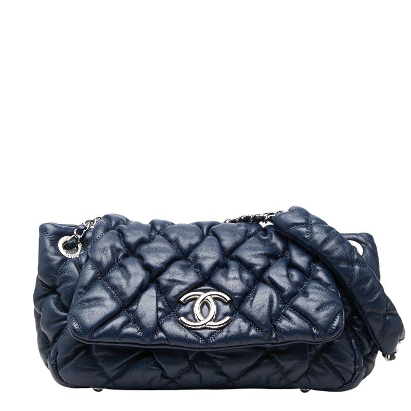 シャネル マトラッセ バブルキルト ココマーク チェーン ショルダーバッグ ハンドバッグ ネイビー ラムスキン レディース CHANEL【1-0276915】