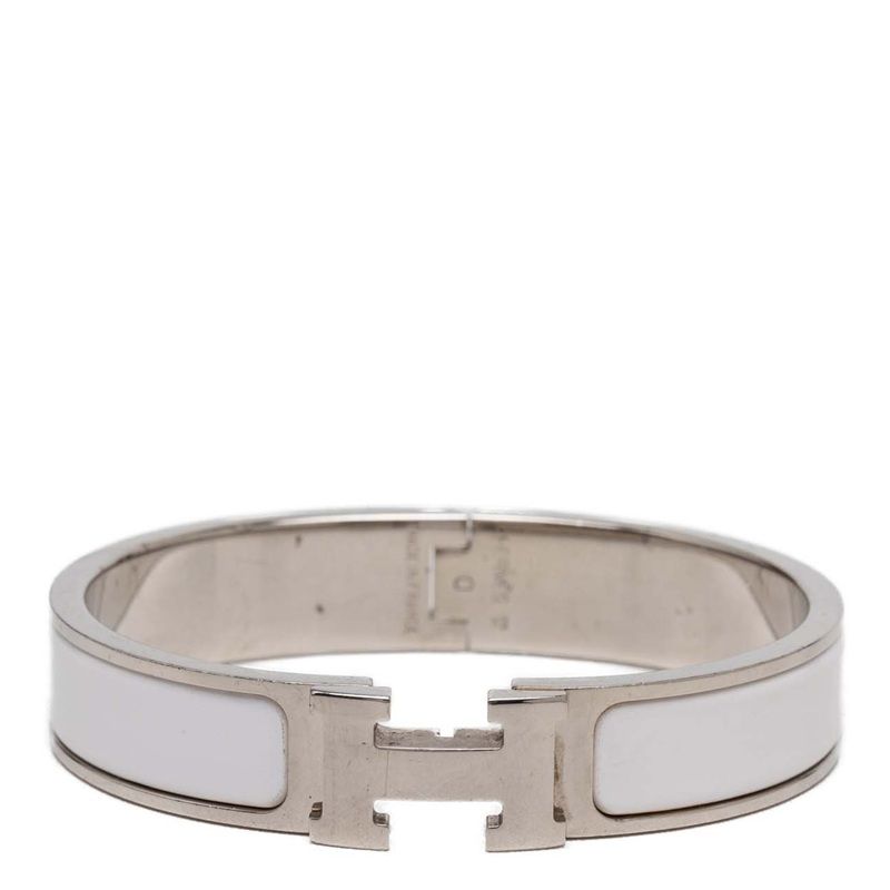 エルメス クリックH PM エナメルブレスレット バングル シルバー ホワイト メタル レディース HERMES【1-0278115】
