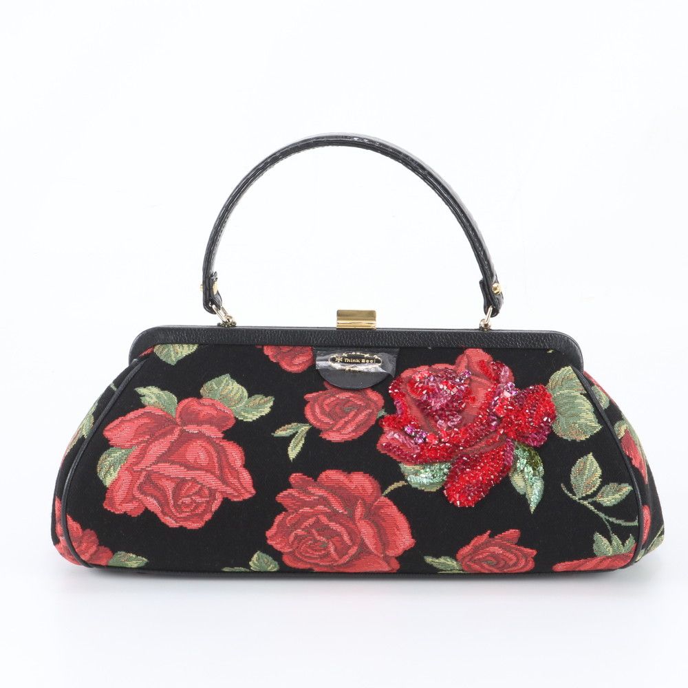 極美品 Think Bee! シンクビー 薔薇 柄 スパンコール クロコダイル エンボス レザー ハンドバッグ レディース UNM EJ2-1【中古】