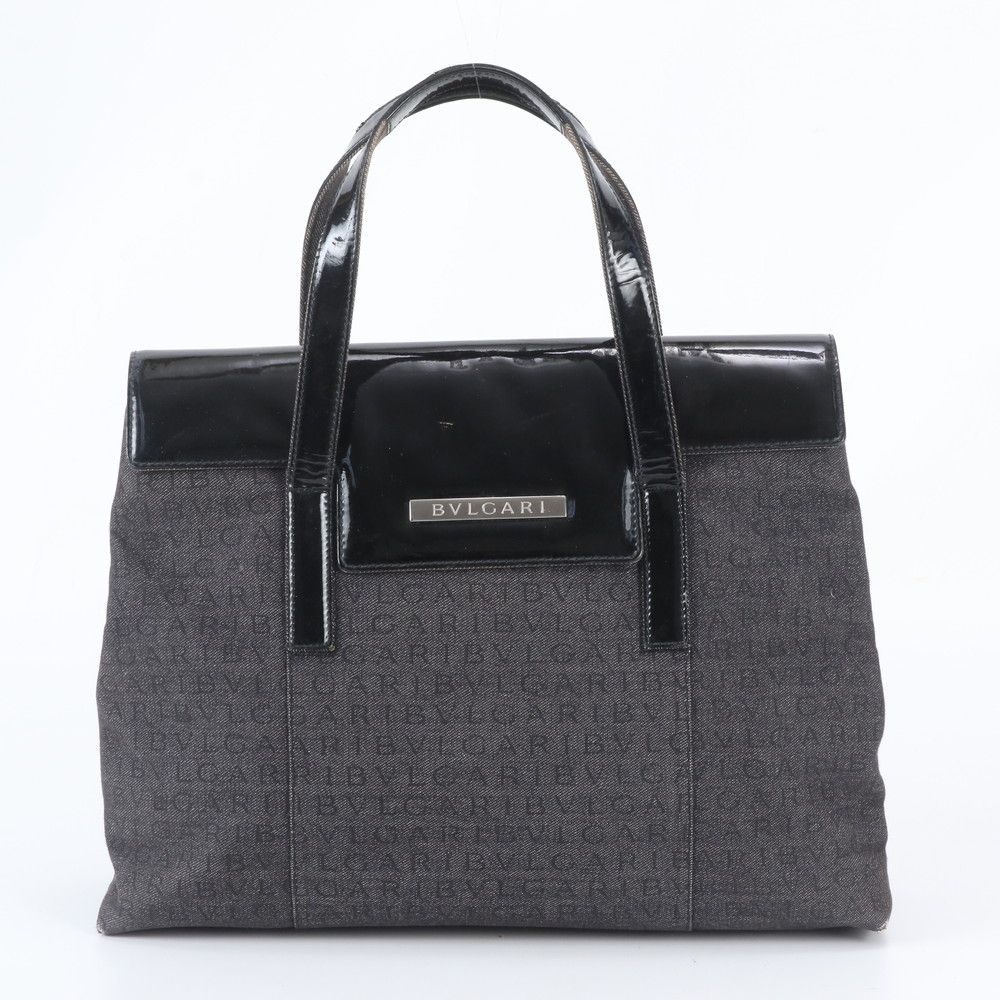美品 ブルガリ ロゴマニア レザー キャンバス トート バッグ 肩掛け