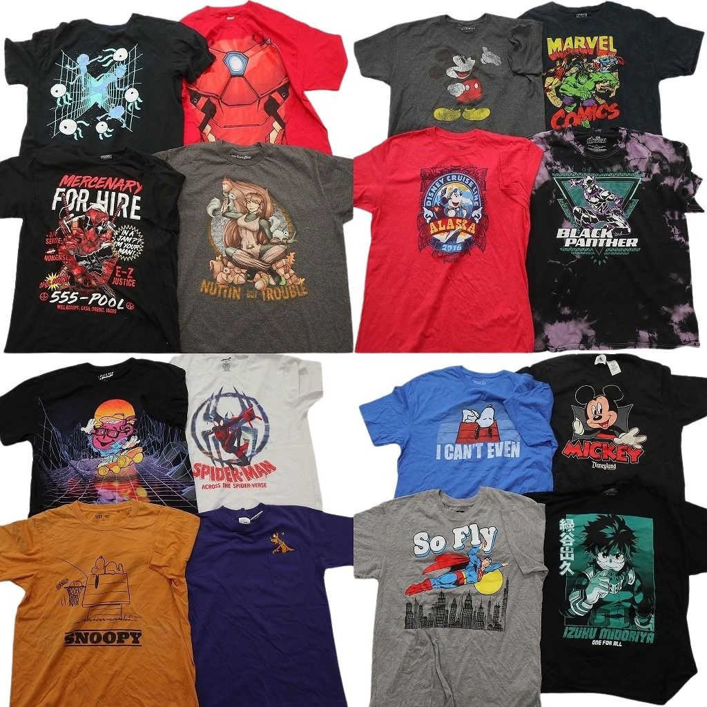古着卸 まとめ売り キャラクター Tシャツ 16枚セット ( メンズ Ｌ ) デッドプール ミッキー スパイダーマン 中古 古着 NF6807