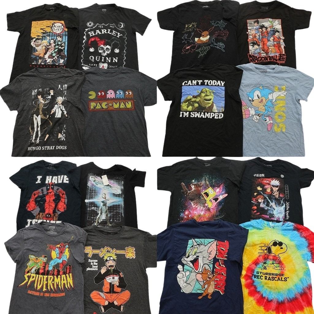 古着卸 まとめ売り キャラクター Tシャツ 16枚セット ( メンズ Ｓ ) 鬼滅の刃 ハーレークイーン 文豪ストレイドッグス 中古 古着 NF6936