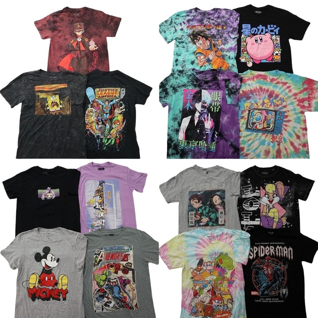 古着卸 まとめ売り キャラクター Tシャツ 15枚セット ( メンズ S ) スポンジボブ 鬼滅の刃 ディズニー マーベル 中古 古着 NF7015