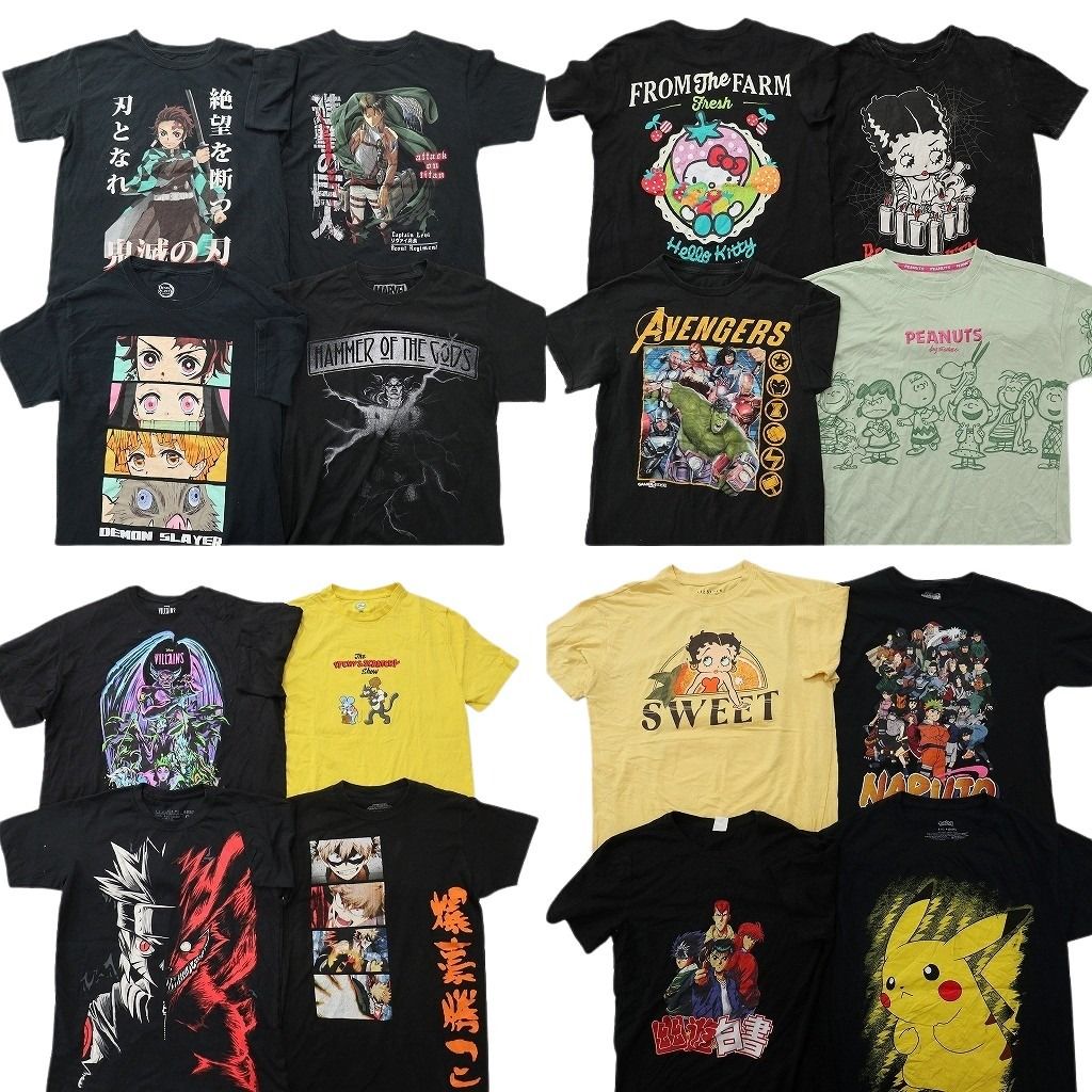 古着卸 まとめ売り キャラクター Tシャツ 16枚セット ( メンズ XXS/XS/S ) 鬼滅の刃 進撃の巨人 ポケモン ナルト スヌーピー 中古 NF7018