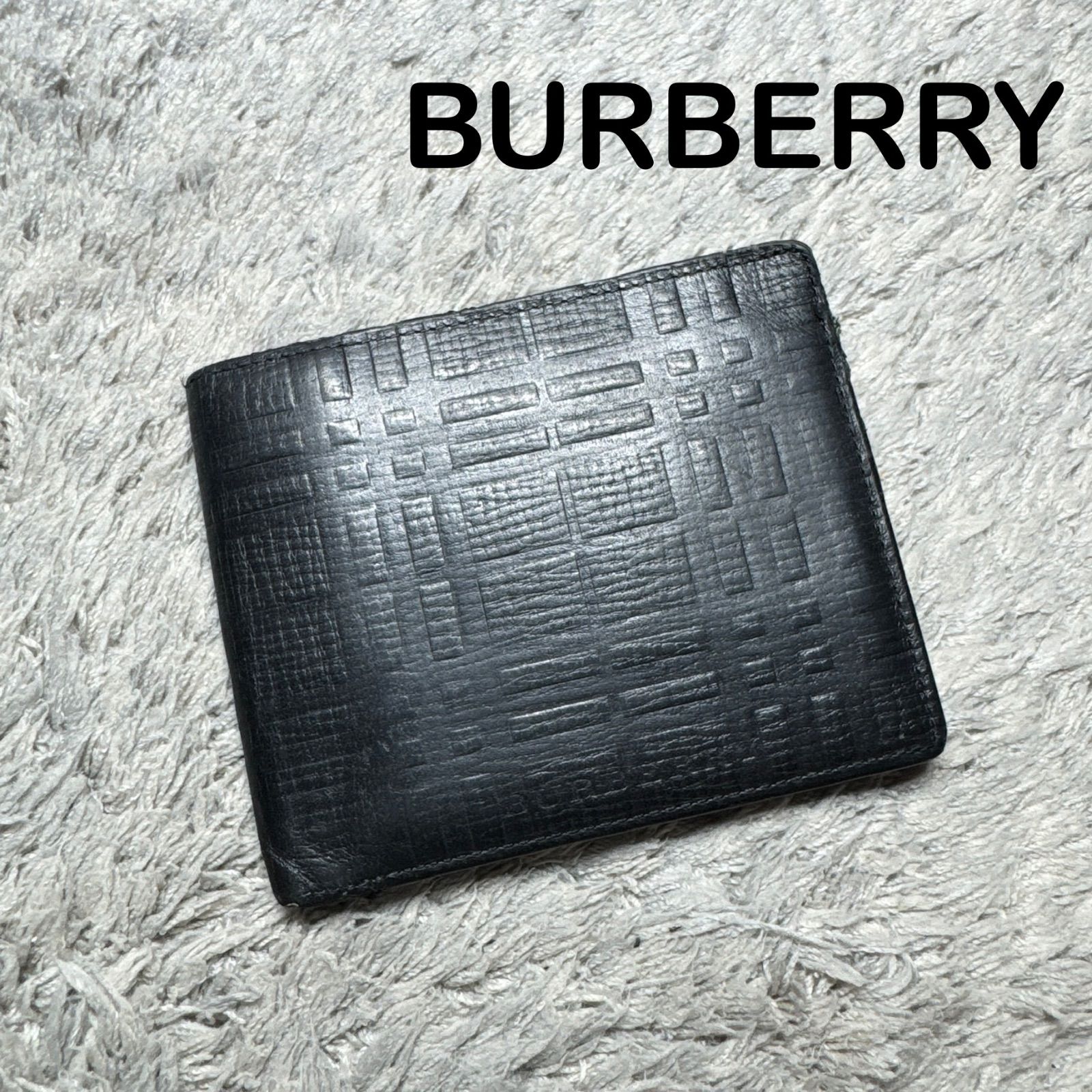 BURBERRY バーバリー 二つ折り財布 エンボスチェック レザー ブラック