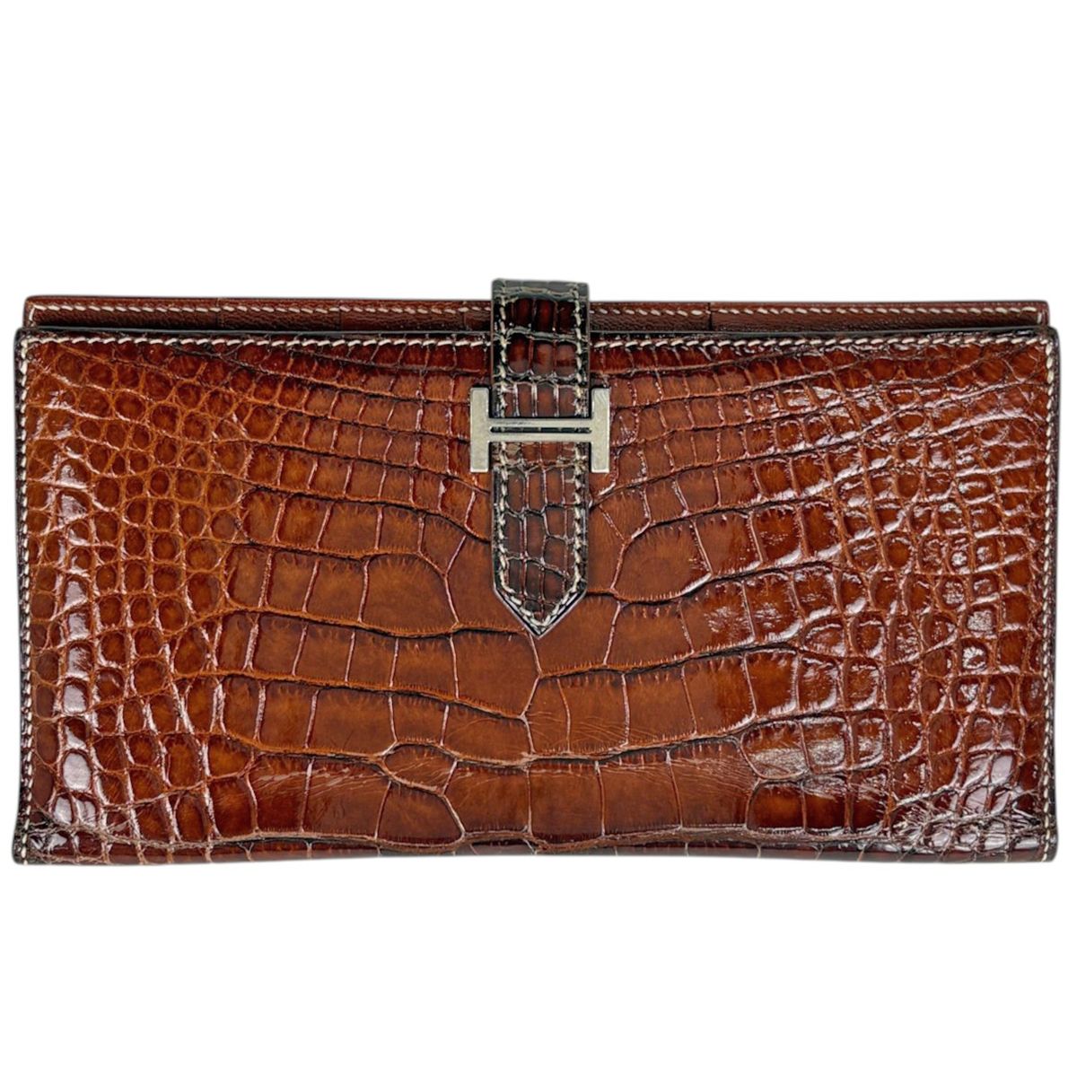 エルメス HERMES ベアン 長財布 クラシック アリゲーター ブラウン □G レディース 【中古】 164,000円
