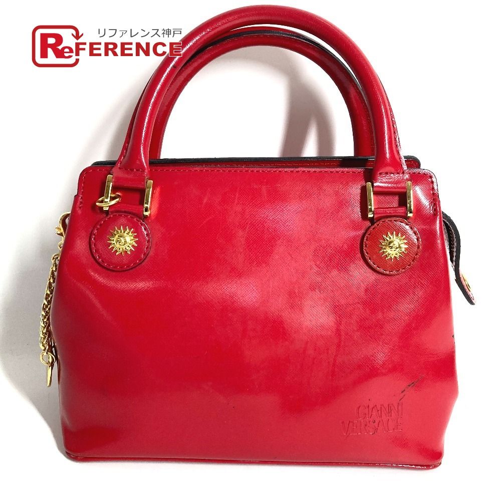 【VERSACE ヴェルサーチ】極希少品！ハンドバッグ サンバーストロゴ 美品！ VERSACE ヴェルサーチ ハンドバッグ サンバースト ロゴ レザー レッド