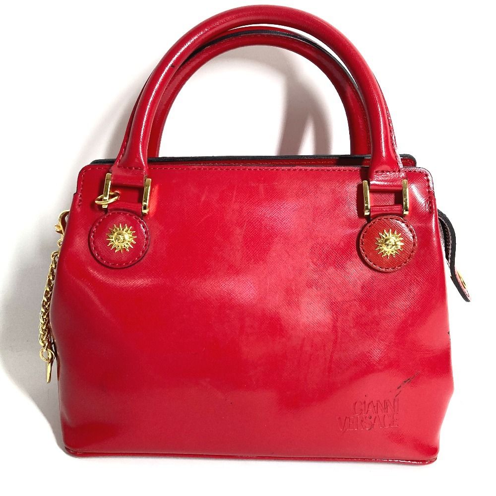 VERSACE ヴェルサーチ ハンドバッグ サンバースト ロゴ レザー レッド