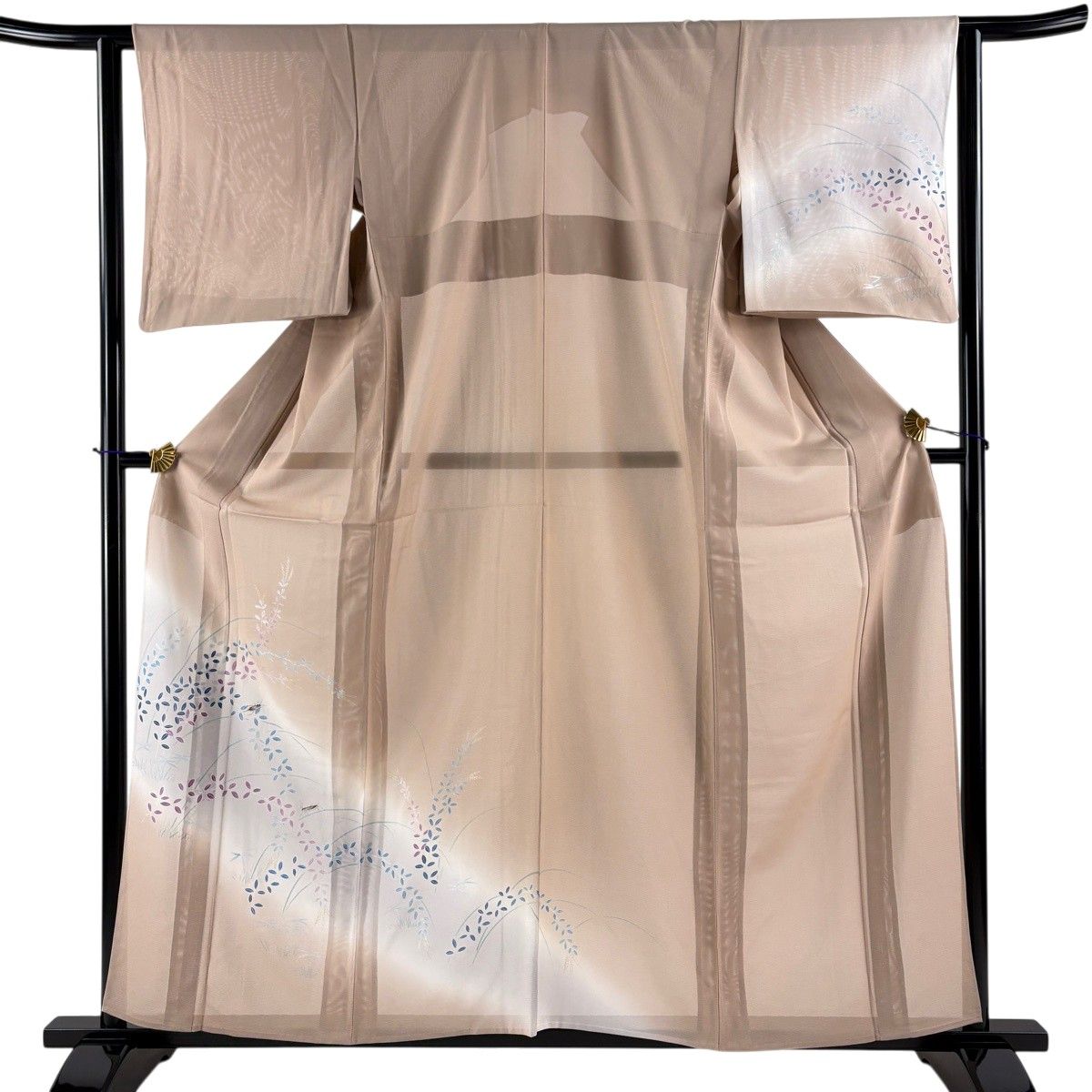 【美品】 付下げ 身丈158cm 裄丈62cm S 薄物 絽 秋の虫 葉柄 銀彩 ぼかし ピンクベージュ 正絹 秀品 【中古】 8,850円