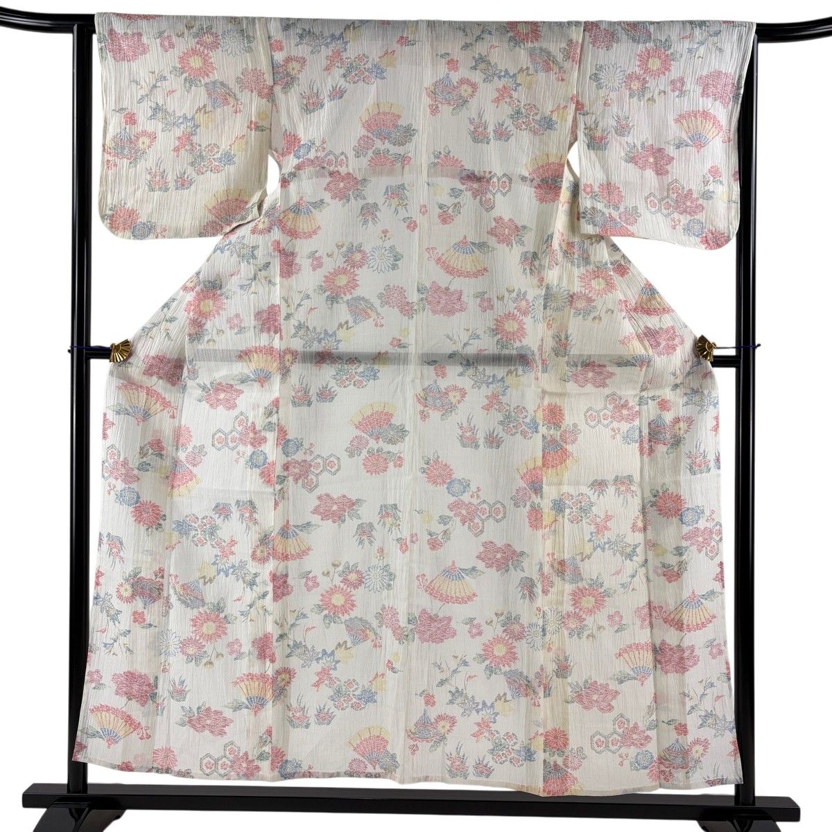 小紋 身丈155cm 裄丈64cm M 薄物 バチ衿 草花 桧扇 クリーム 麻 秀品 【中古】 6,336円