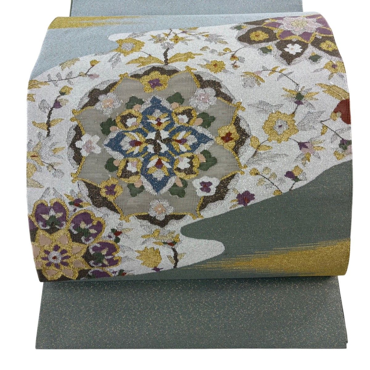 開き名古屋帯 秀品 華文 霞 金銀糸 灰緑 正絹 【中古】