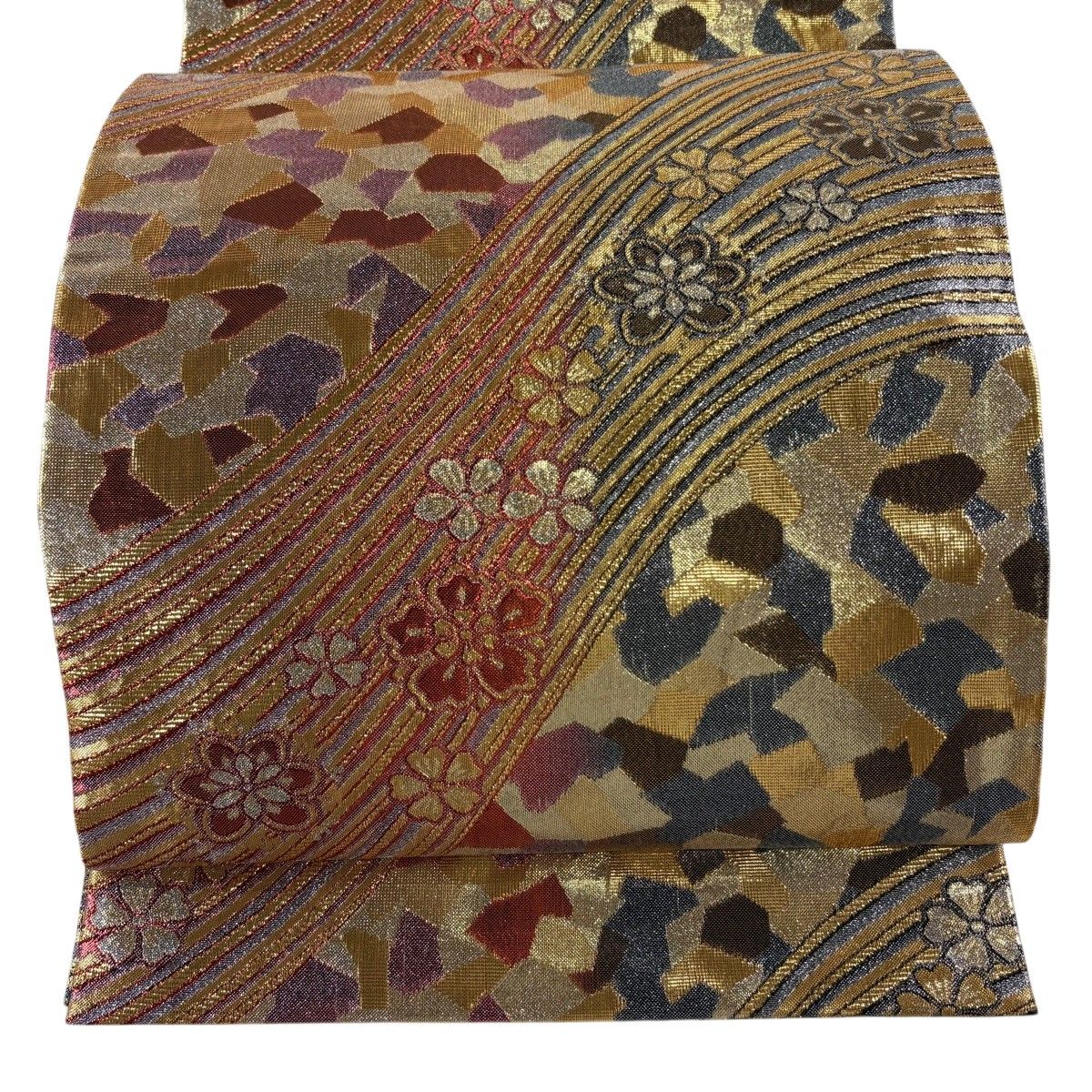 【美品】 袋帯 秀品 花 幾何学模様 箔 金糸 金色 六通 正絹 【中古】