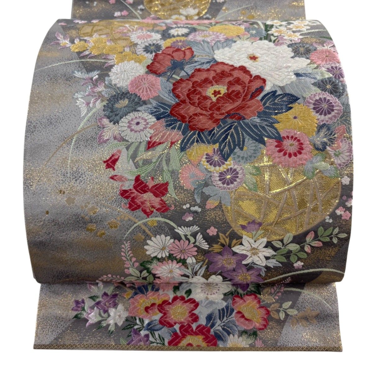 【美品】 袋帯 秀品 関西仕立て 花籠 金糸 箔 灰色 六通 正絹 【中古】
