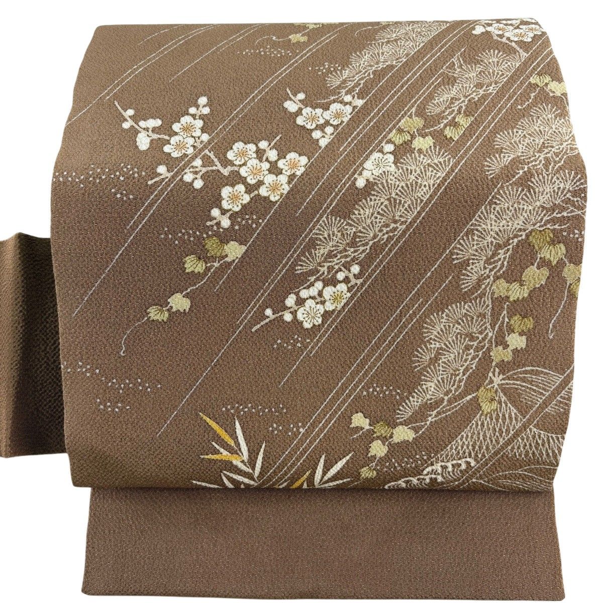 名古屋帯 秀品 松梅 斜縞 金彩 縮緬 薄茶色 正絹 【中古】 7,040円