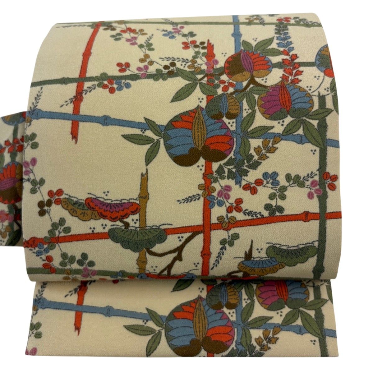 名古屋帯 秀品 葵 萩 縮緬 ベージュ 正絹 【中古】