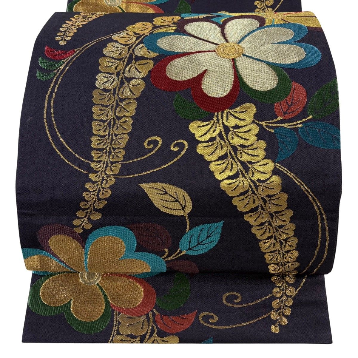 【美品】 袋帯 秀品 花和風 草花 金糸 箔 濃紫 六通 正絹 【中古】