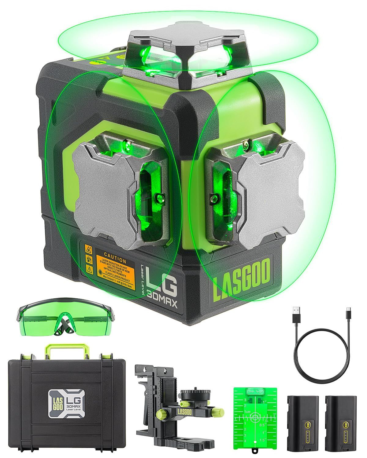 N★LasGoo LG-3DMAX 3x360° グリーンレーザーレベル、3D 自動水平調整クロスラインレーザー、2つの充電式リチウムバッテリー、微調整ブラケットアダプター、グリーンレーザー強化メガネ、ハードキャリングケース 0a2a6ef5