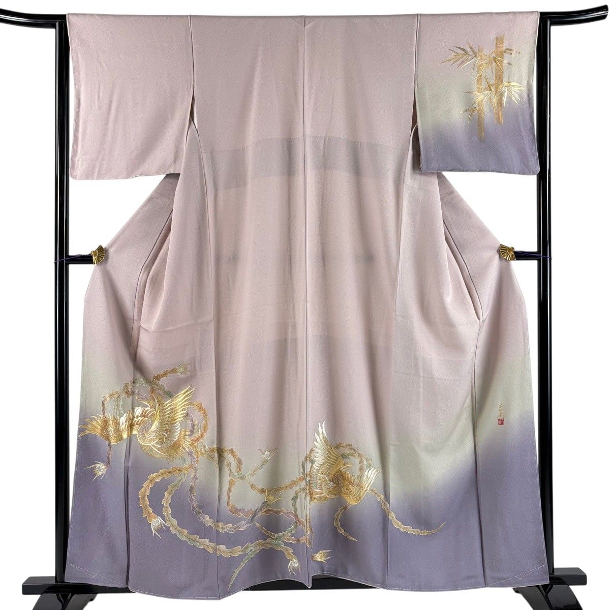 【美品】 付下げ 身丈157cm 裄丈64cm M 袷 落款 鳳凰 金銀彩 ぼかし 灰紫 正絹 名品 【中古】