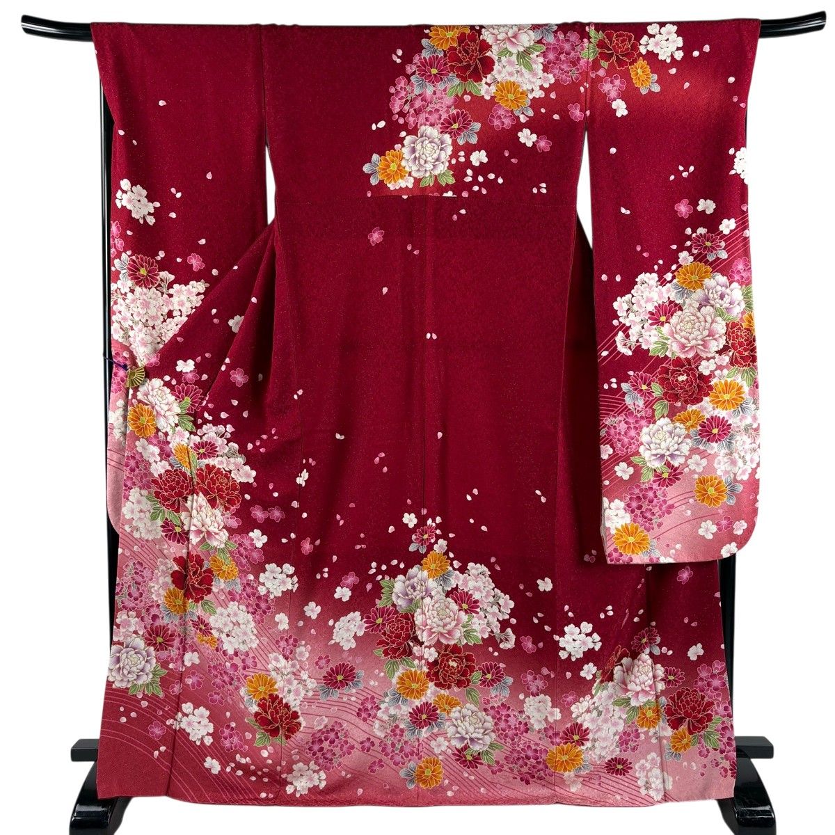 【美品】 振袖 身丈168.5cm 裄丈68cm L 袷 牡丹 桜 銀通し 金糸 えんじ色 正絹 名品 【中古】