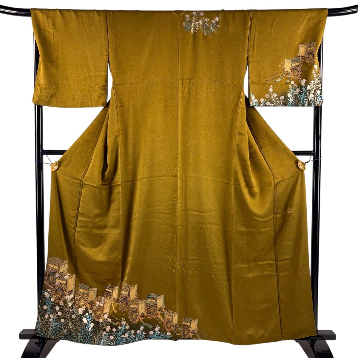 【美品】 訪問着 身丈159cm 裄丈68.5cm L 袷 TOKI志すい 落款 御所車 撫子 金銀彩 ぼかし 山吹茶色 正絹 名品 【中古】