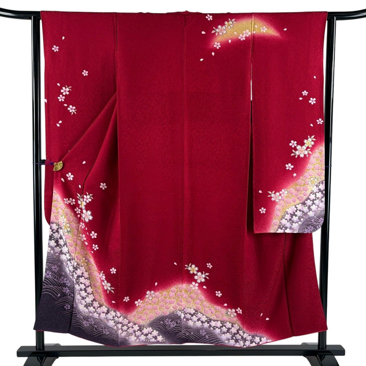 【美品】 振袖 身丈152cm 裄丈63cm S 袷 桜 波 金彩 ぼかし 赤 正絹 名品 【中古】