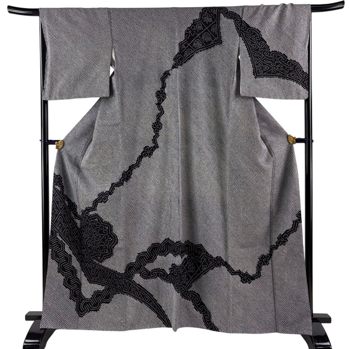 【美品】 訪問着 身丈162.5cm 裄丈67cm M 袷 華文 菱 総絞り 黒 正絹 秀品 【中古】