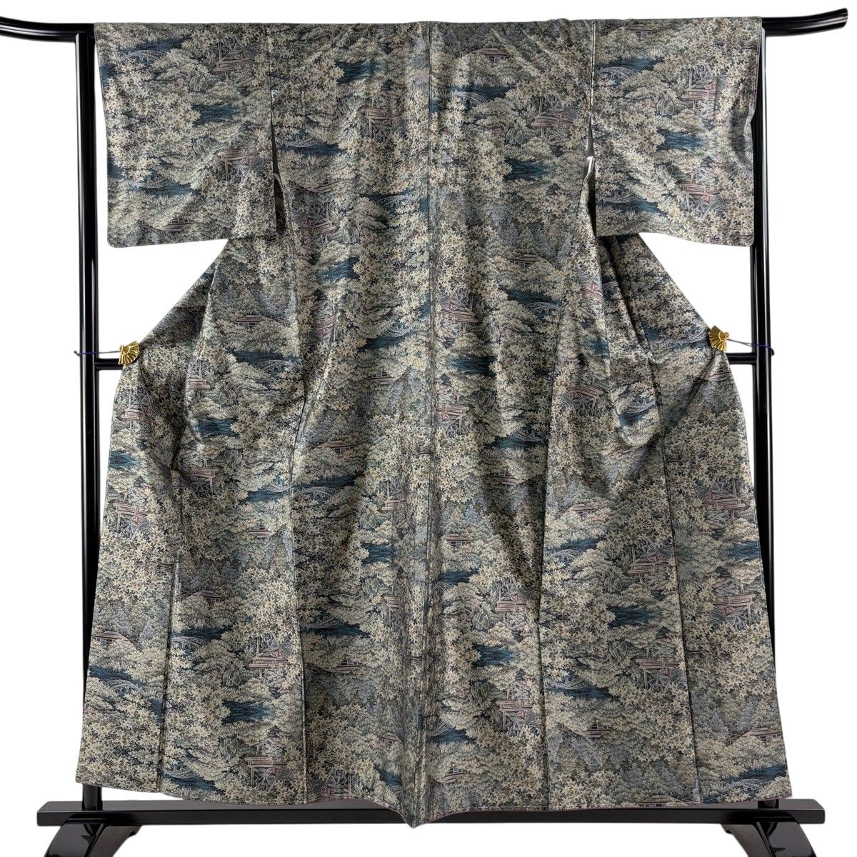 【美品】 大島紬 身丈157cm 裄丈64.5cm M 袷 証紙 人物 風景 灰緑 正絹 秀品 【中古】