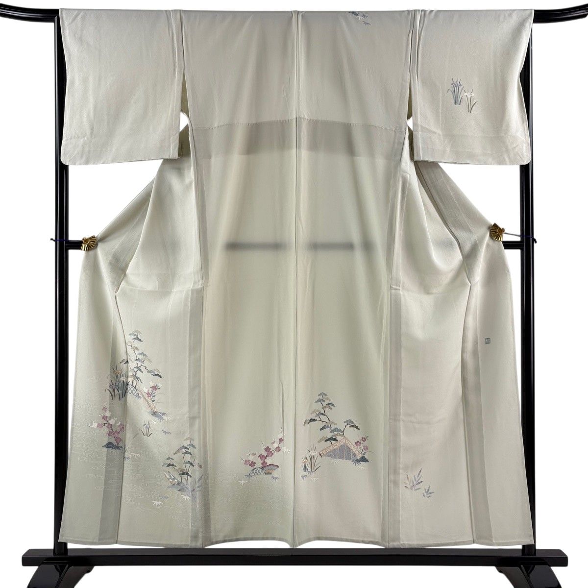 訪問着 身丈154cm 裄丈66.5cm M 単衣 落款 松竹梅 橋 ぼかし 灰緑 正絹 秀品 【中古】