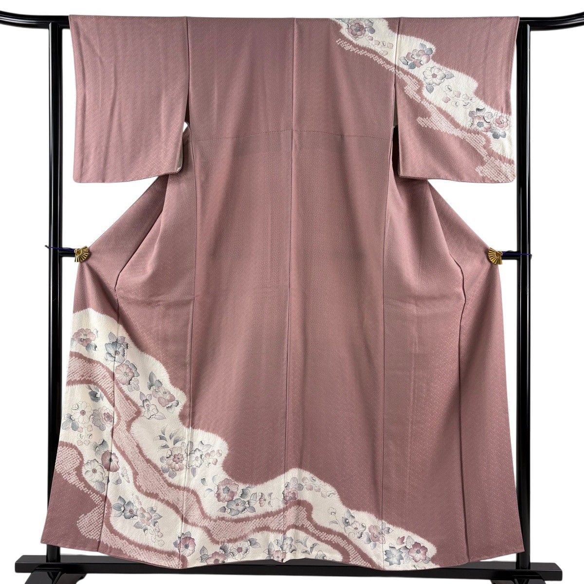訪問着 身丈155cm 裄丈63cm S 袷 草花 地紋 絞り ピンクベージュ 正絹 秀品 【中古】