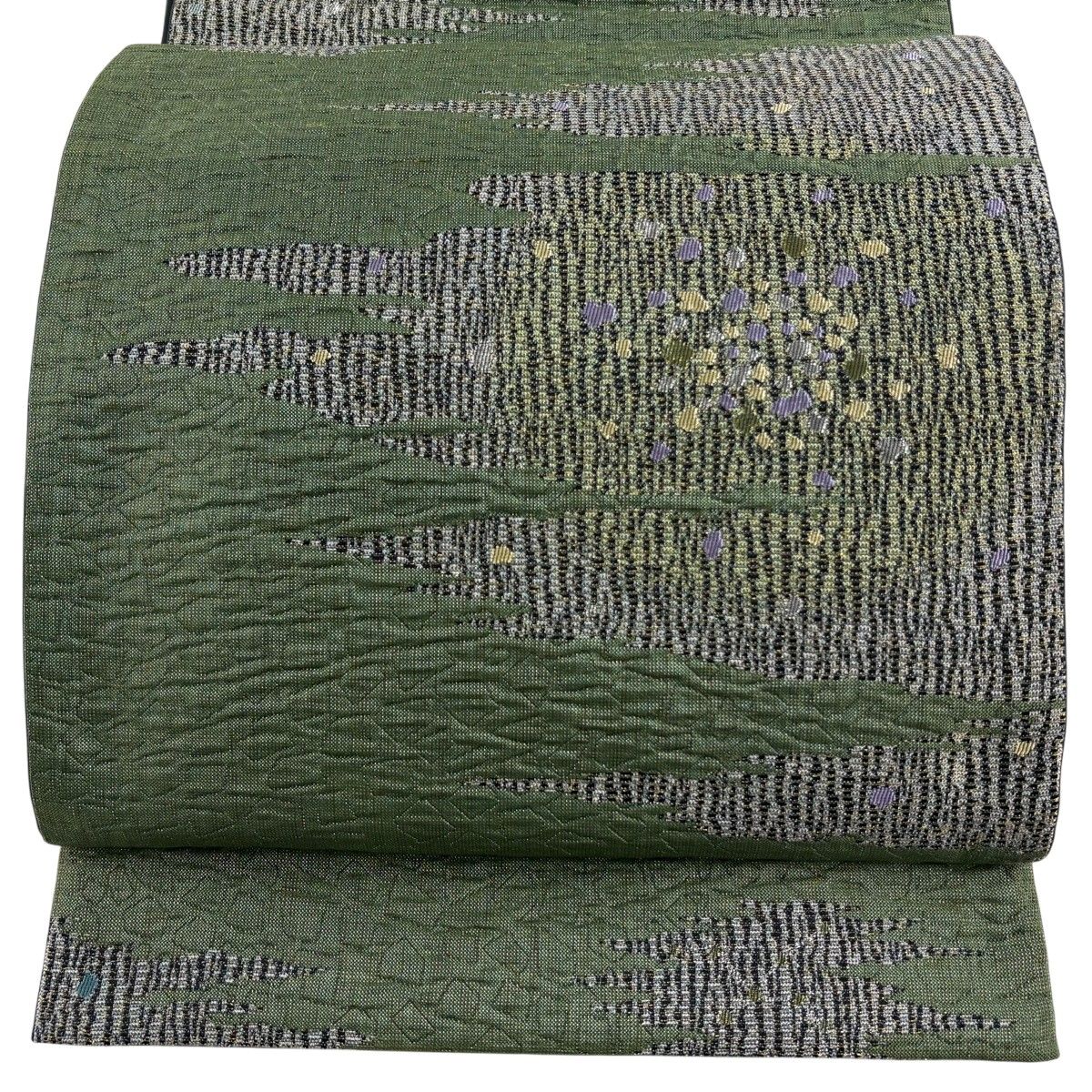 【美品】 袋帯 名品 霞 金銀糸 ラメ糸 灰緑 六通 正絹 【中古】